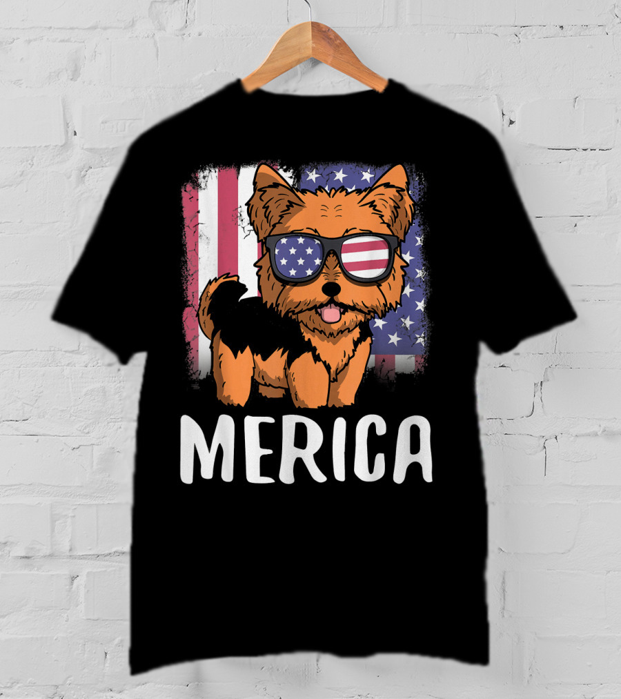 Merica Yorkie Dog American Flag Sunglasses USA T-Shirt