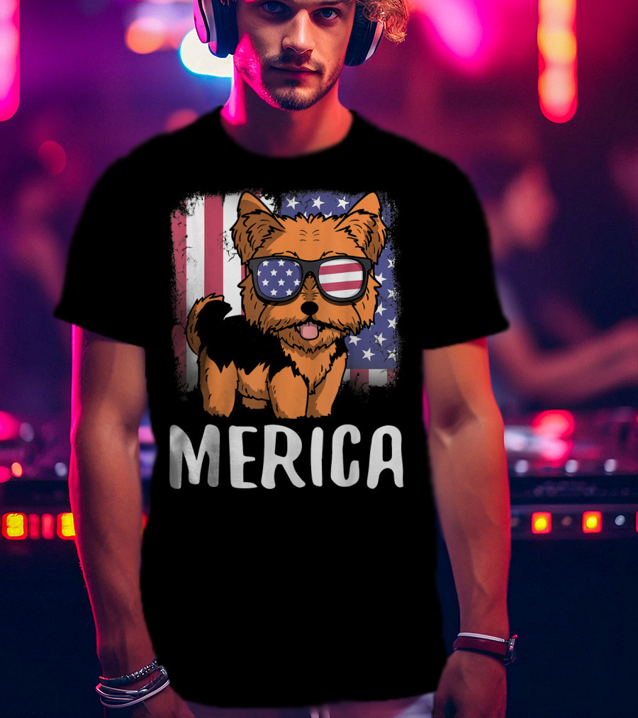 Merica Yorkie Dog American Flag Sunglasses USA T-Shirt