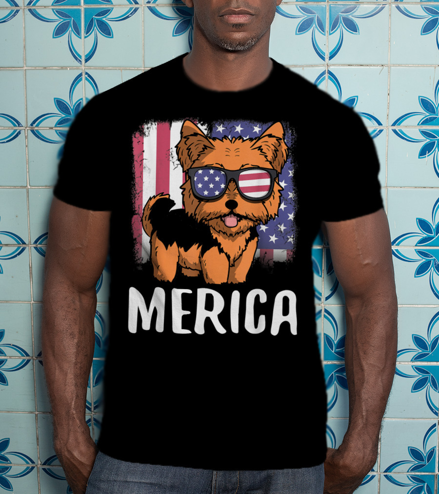 Merica Yorkie Dog American Flag Sunglasses USA T-Shirt
