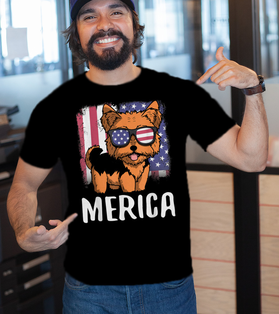 Merica Yorkie Dog American Flag Sunglasses USA T-Shirt