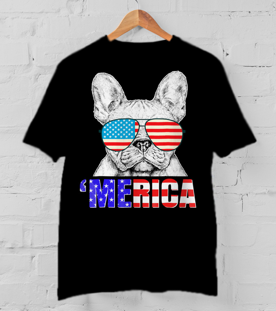 Funny French Bull Dog 'Merica With American Flag Sunglasses T-Shirt