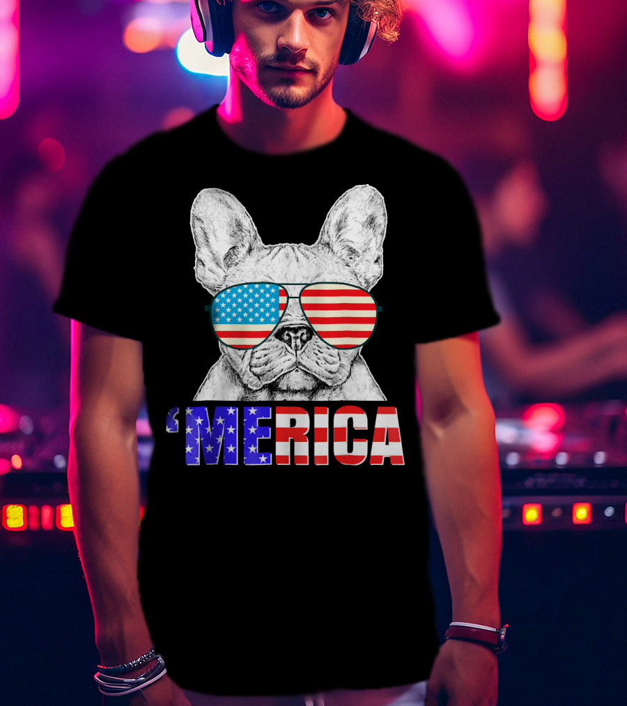 Funny French Bull Dog 'Merica With American Flag Sunglasses T-Shirt