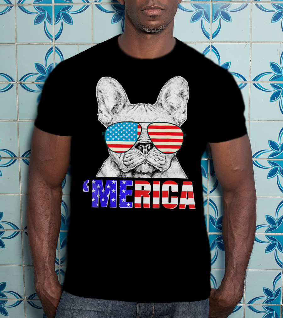 Funny French Bull Dog 'Merica With American Flag Sunglasses T-Shirt