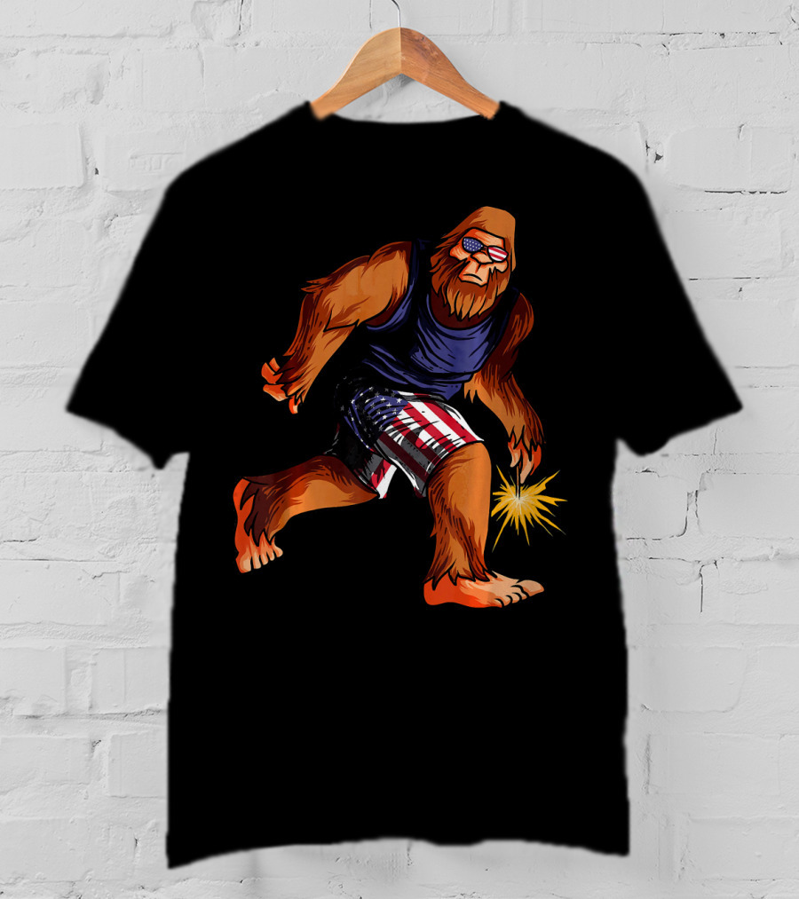 Bigfoot In American Flag Shorts With Fourth Of July Sparkler T-Shirt