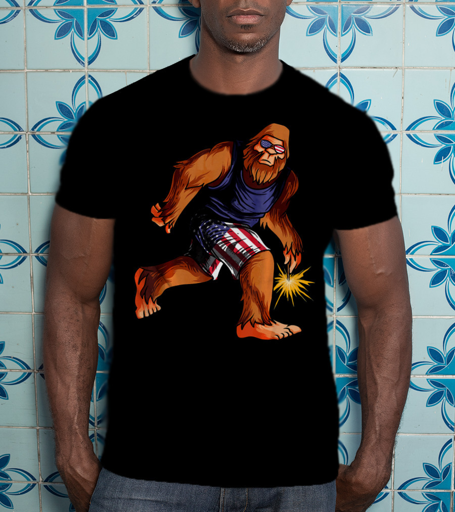 Bigfoot In American Flag Shorts With Fourth Of July Sparkler T-Shirt