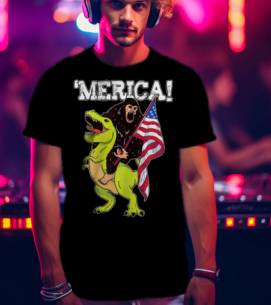 'Merica Bigfoot Dinosaur Fourth Of July Patriot T-Shirt