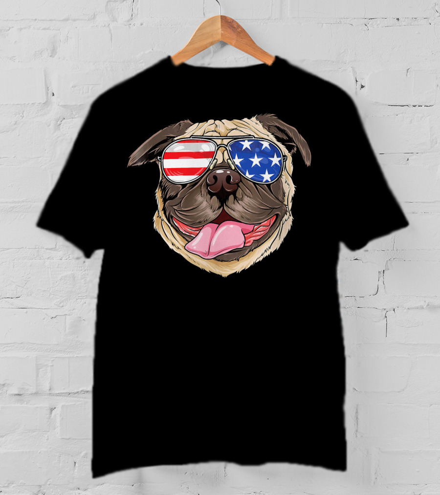 Patriotic Pug With American Flag Sunglasses T-Shirt