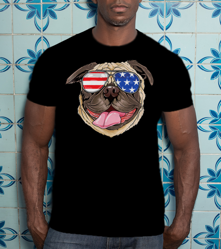 Patriotic Pug With American Flag Sunglasses T-Shirt