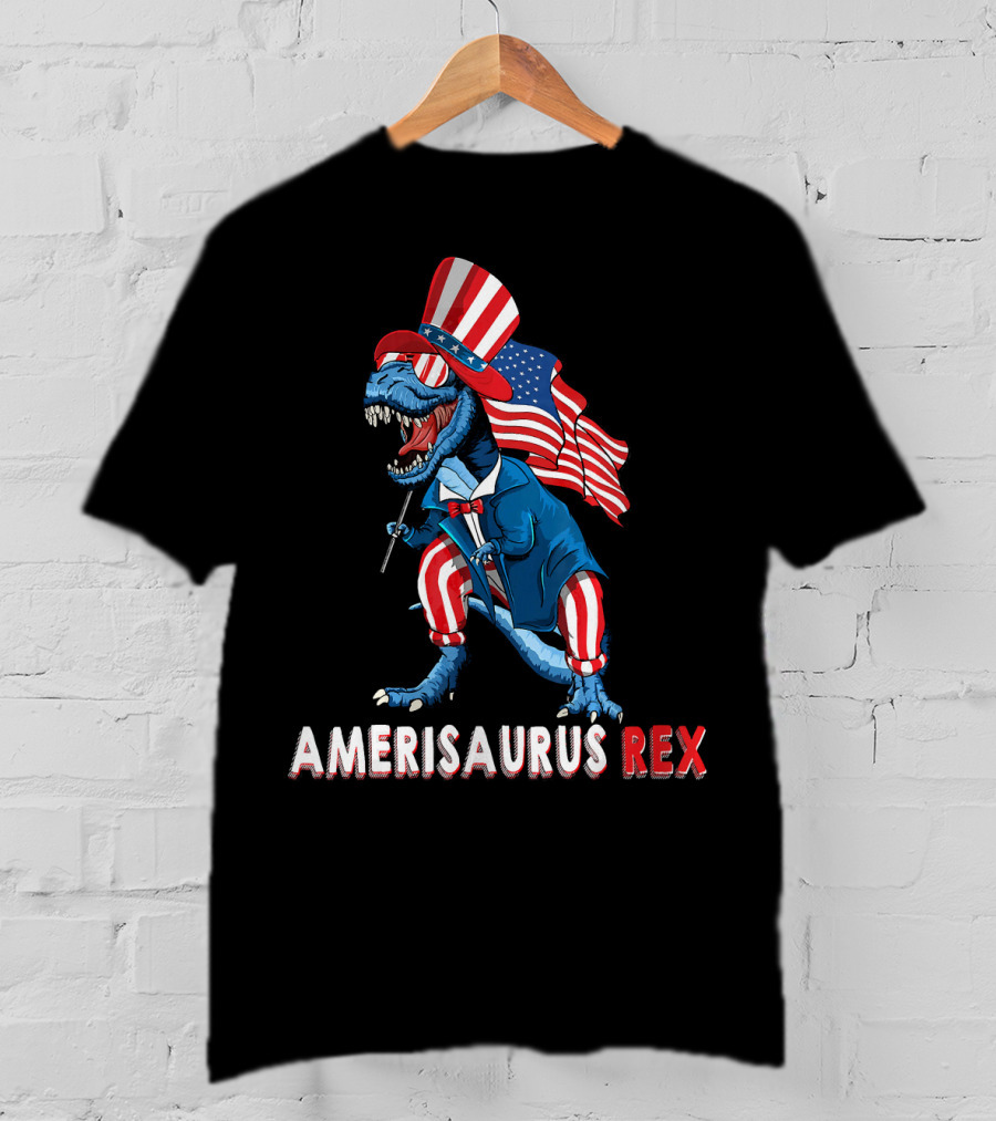 Amerisaurus Rex Dinosaur Uncle Sam USA Flag Independence Day T-Shirt