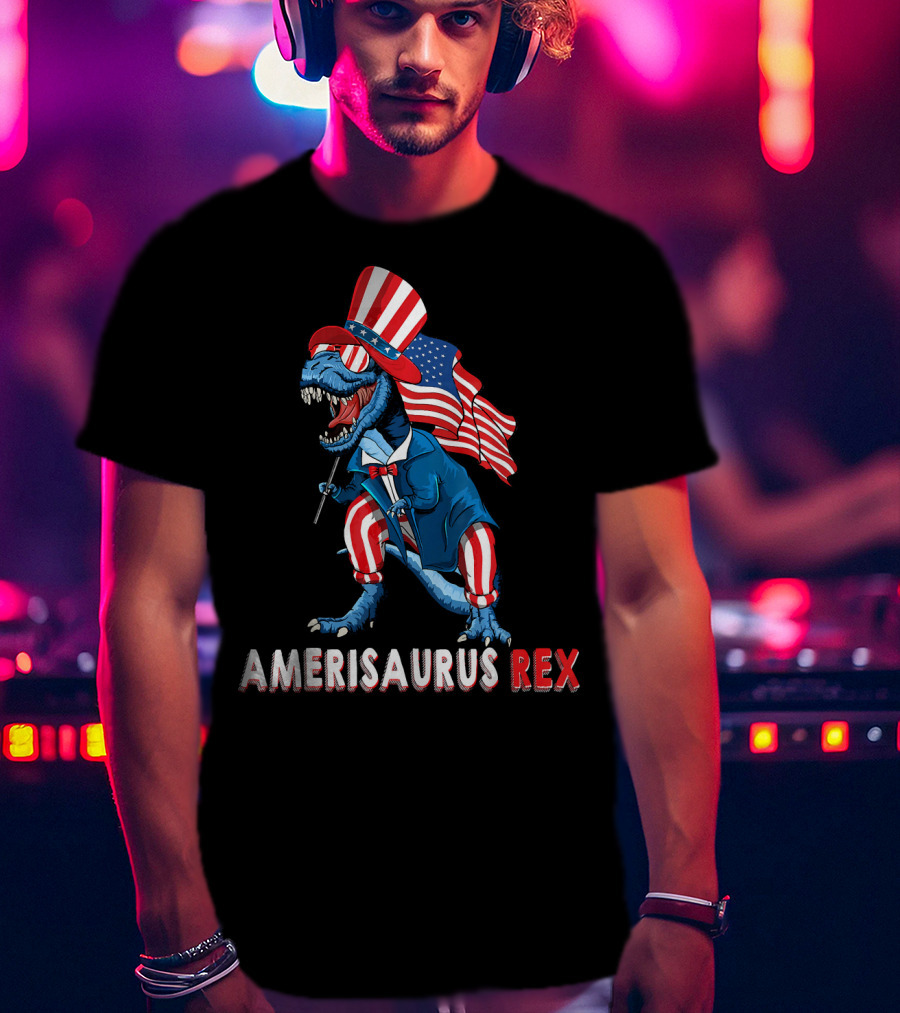 Amerisaurus Rex Dinosaur Uncle Sam USA Flag Independence Day T-Shirt