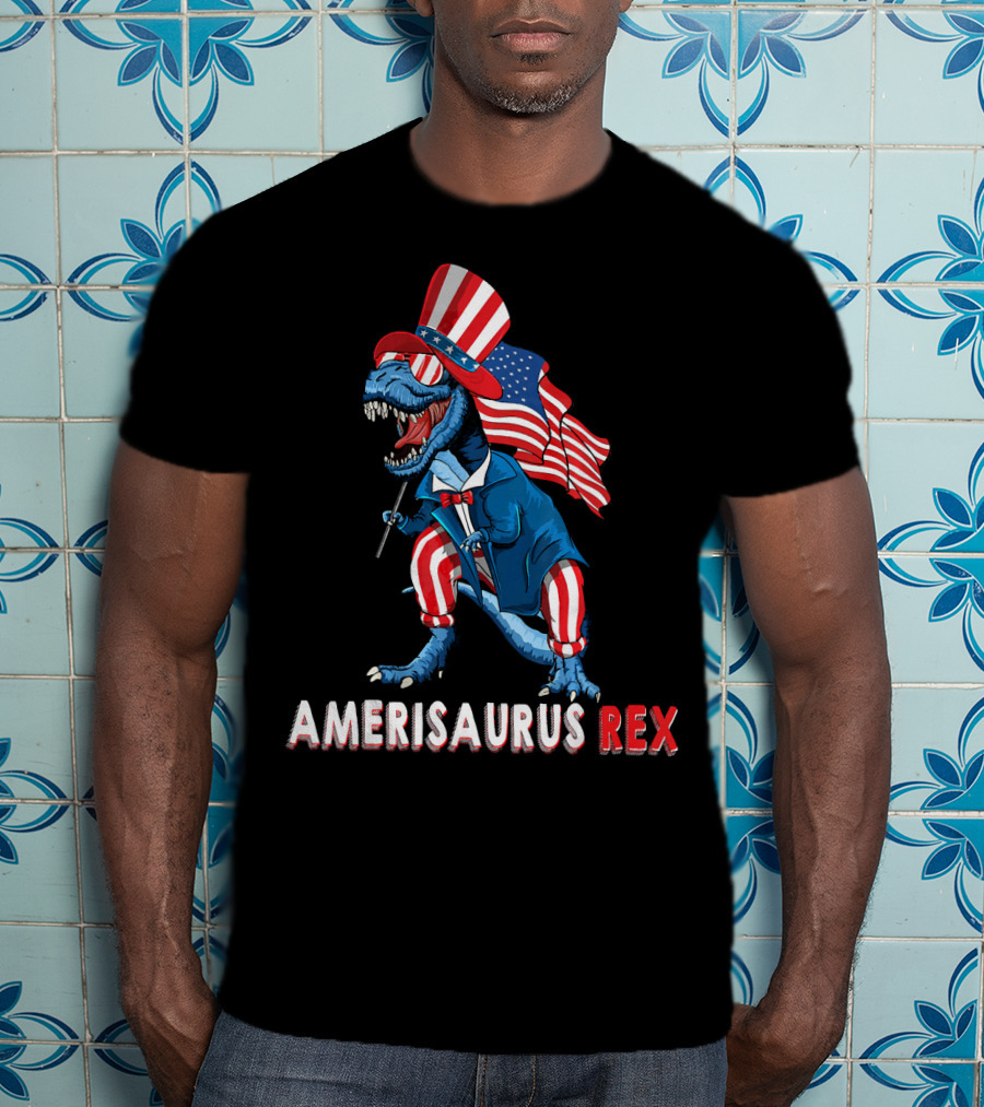 Amerisaurus Rex Dinosaur Uncle Sam USA Flag Independence Day T-Shirt