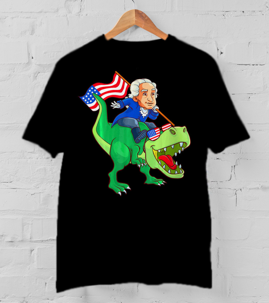 George Washington Riding Rex Dinosaur With American Flag And Sunglasses T-Shirt