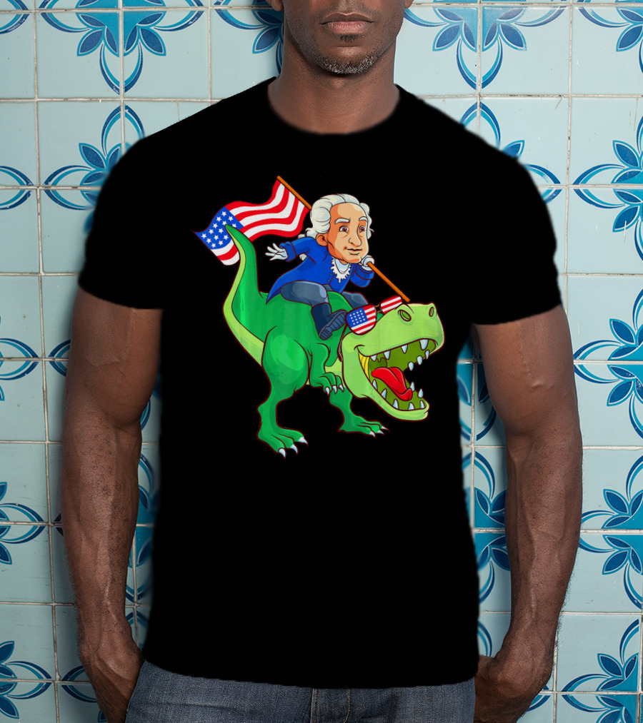 George Washington Riding Rex Dinosaur With American Flag And Sunglasses T-Shirt
