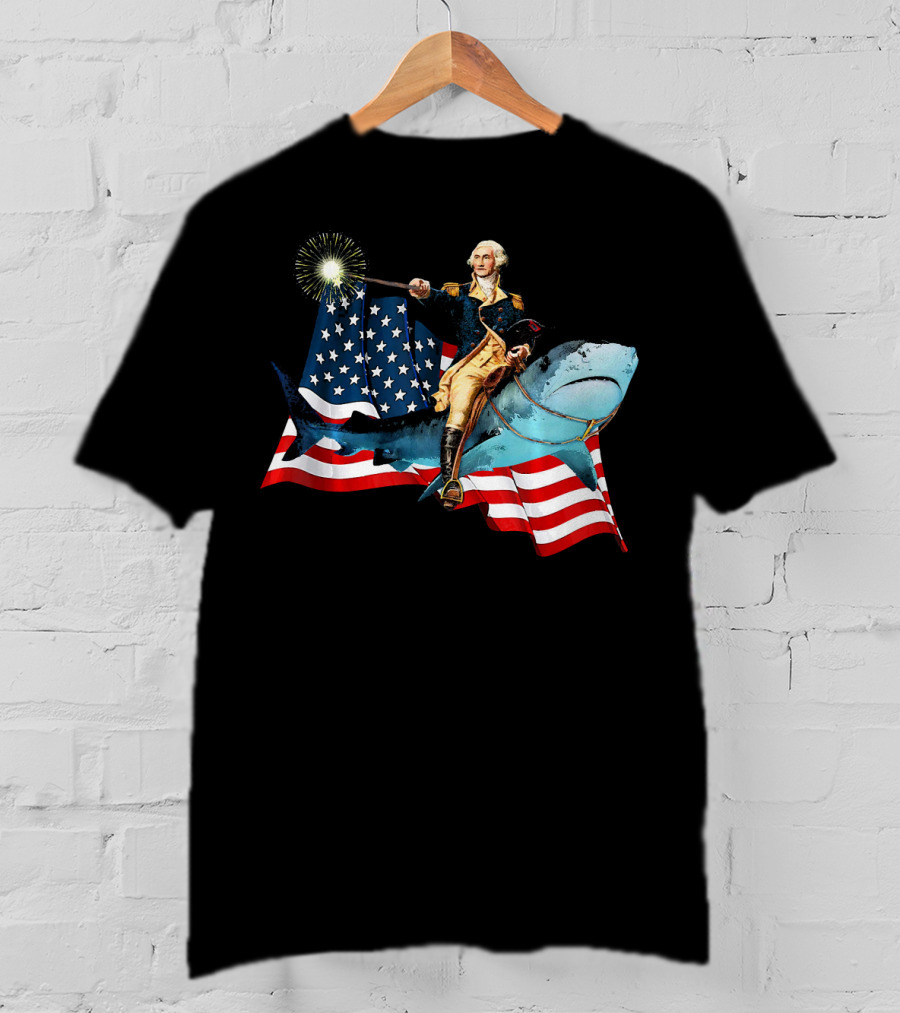 George Washington Patriotically Riding Shark With American Flag T-Shirt