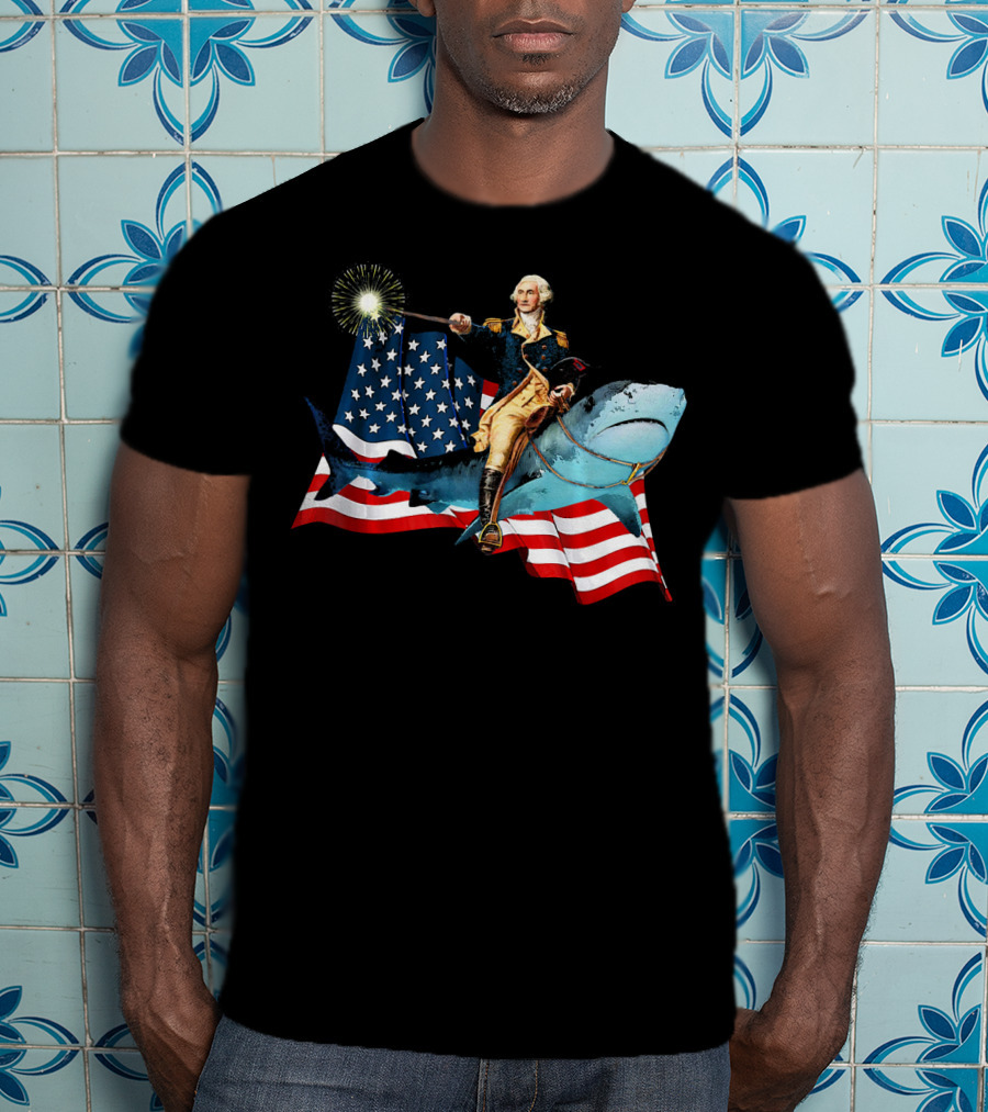 George Washington Patriotically Riding Shark With American Flag T-Shirt