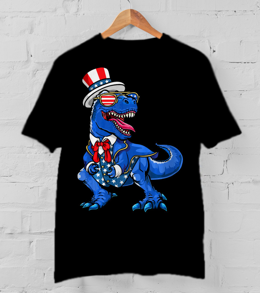 Patriotic Dinosaur With American Flag Hat And Glasses T-Shirt