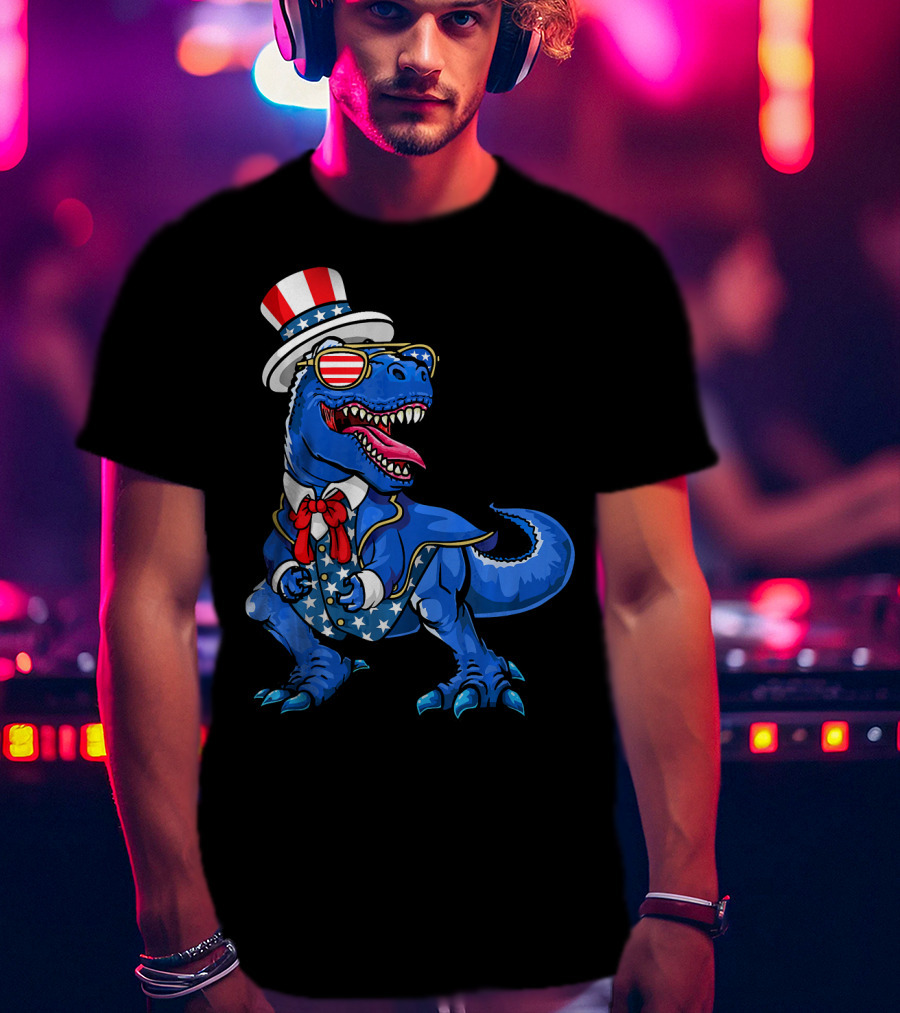Patriotic Dinosaur With American Flag Hat And Glasses T-Shirt