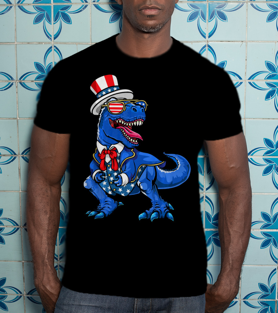 Patriotic Dinosaur With American Flag Hat And Glasses T-Shirt