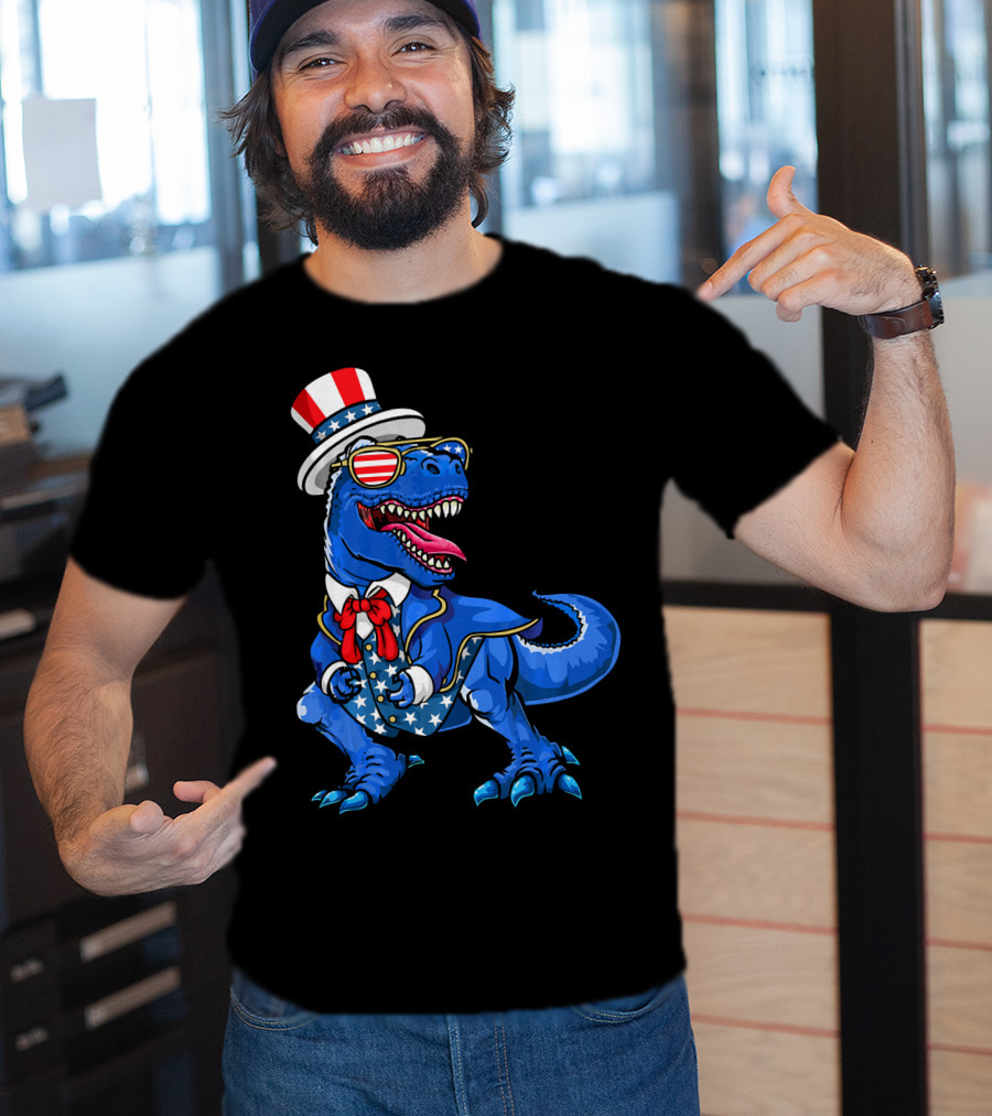 Patriotic Dinosaur With American Flag Hat And Glasses T-Shirt
