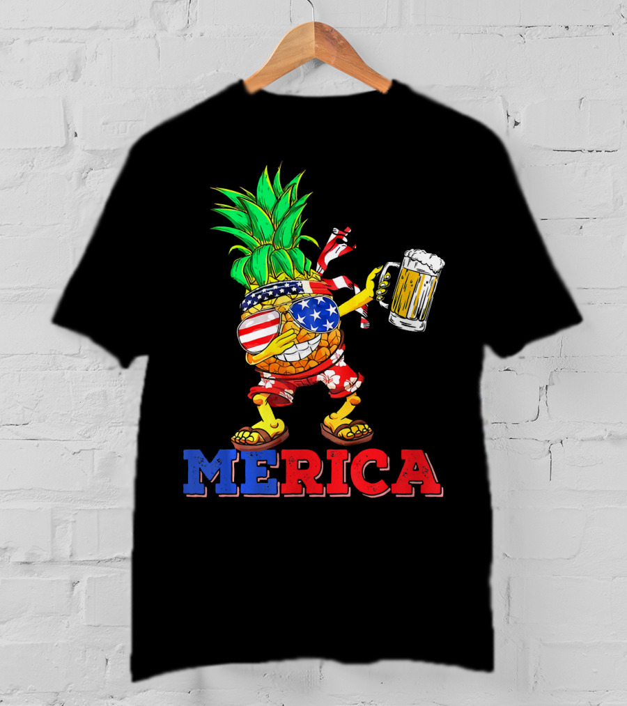 Merica Dabbing Pineapple US Flag Sunglasses Beer Mug Hawaiian Shorts T-Shirt