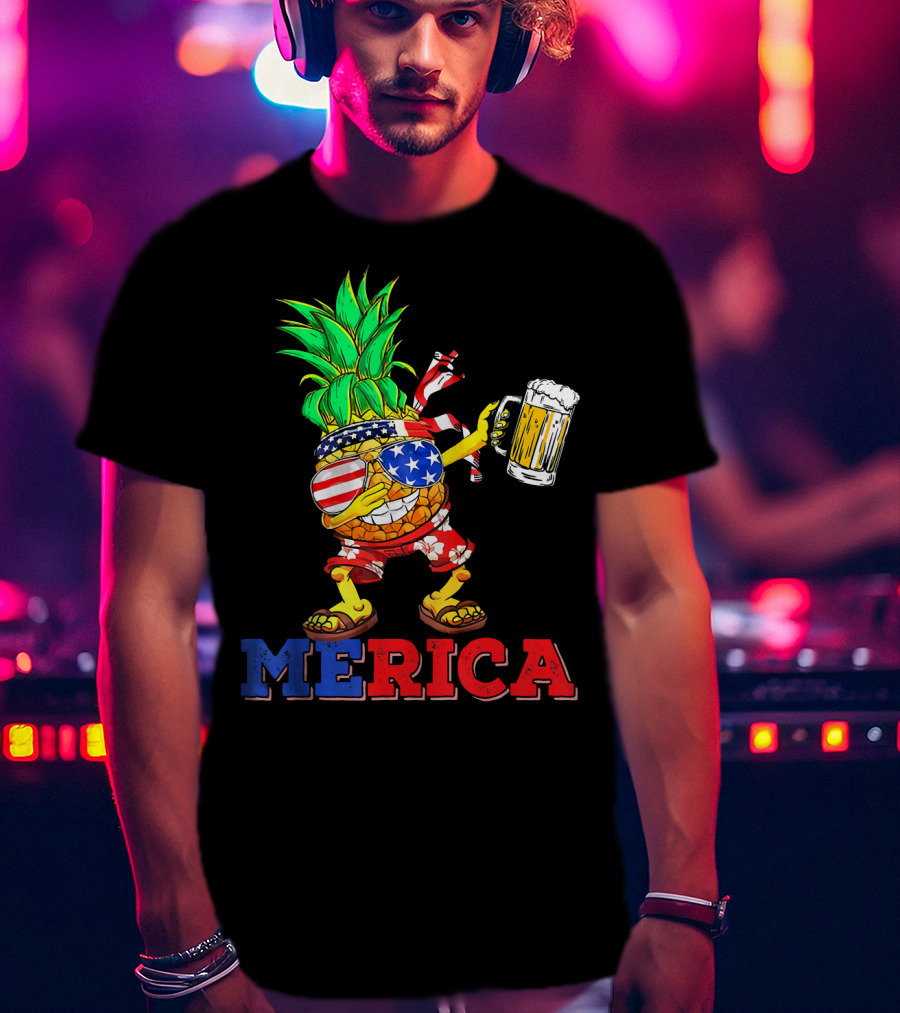 Merica Dabbing Pineapple US Flag Sunglasses Beer Mug Hawaiian Shorts T-Shirt