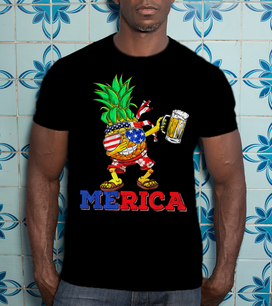 Merica Dabbing Pineapple US Flag Sunglasses Beer Mug Hawaiian Shorts T-Shirt