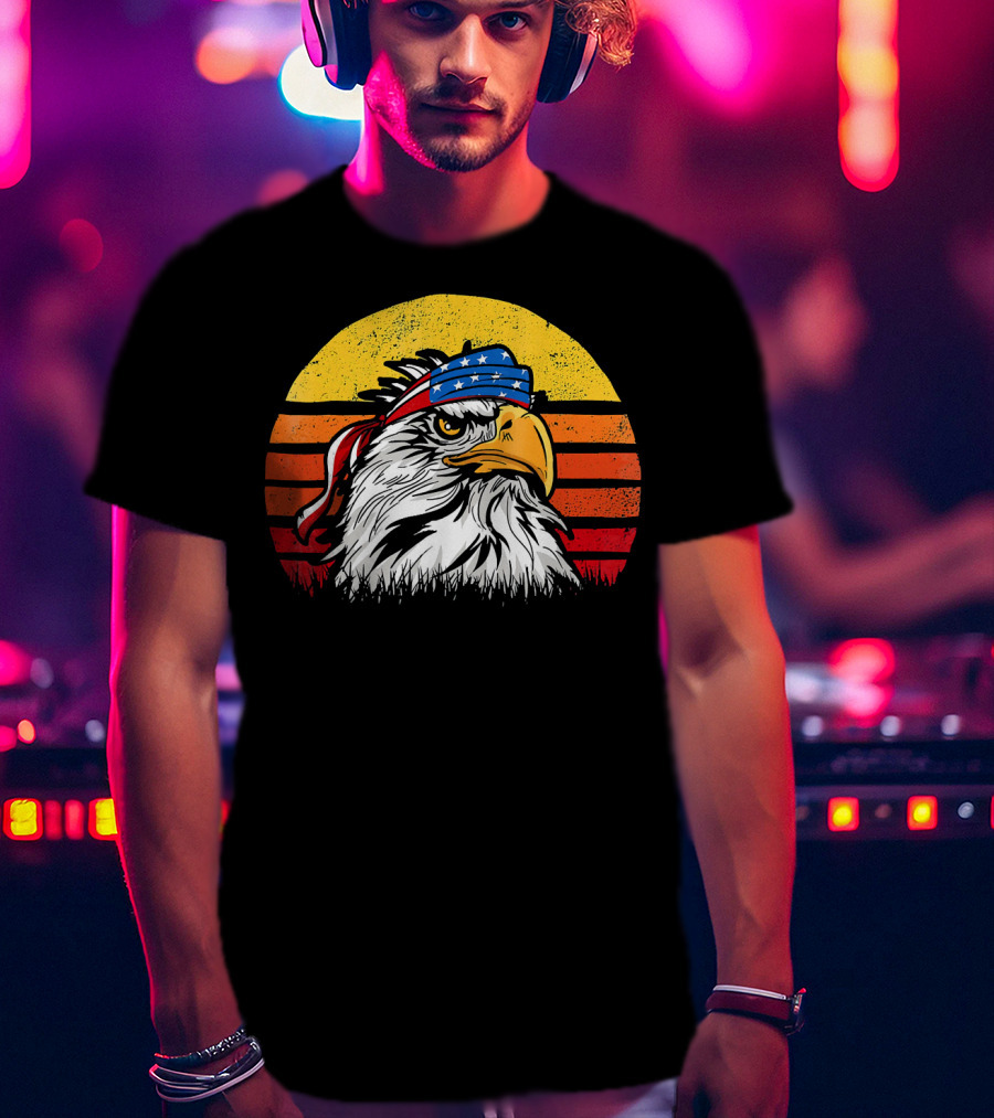 Retro Mullet Eagle With American Flag Bandana And Sunburst Patriotic T-Shirt