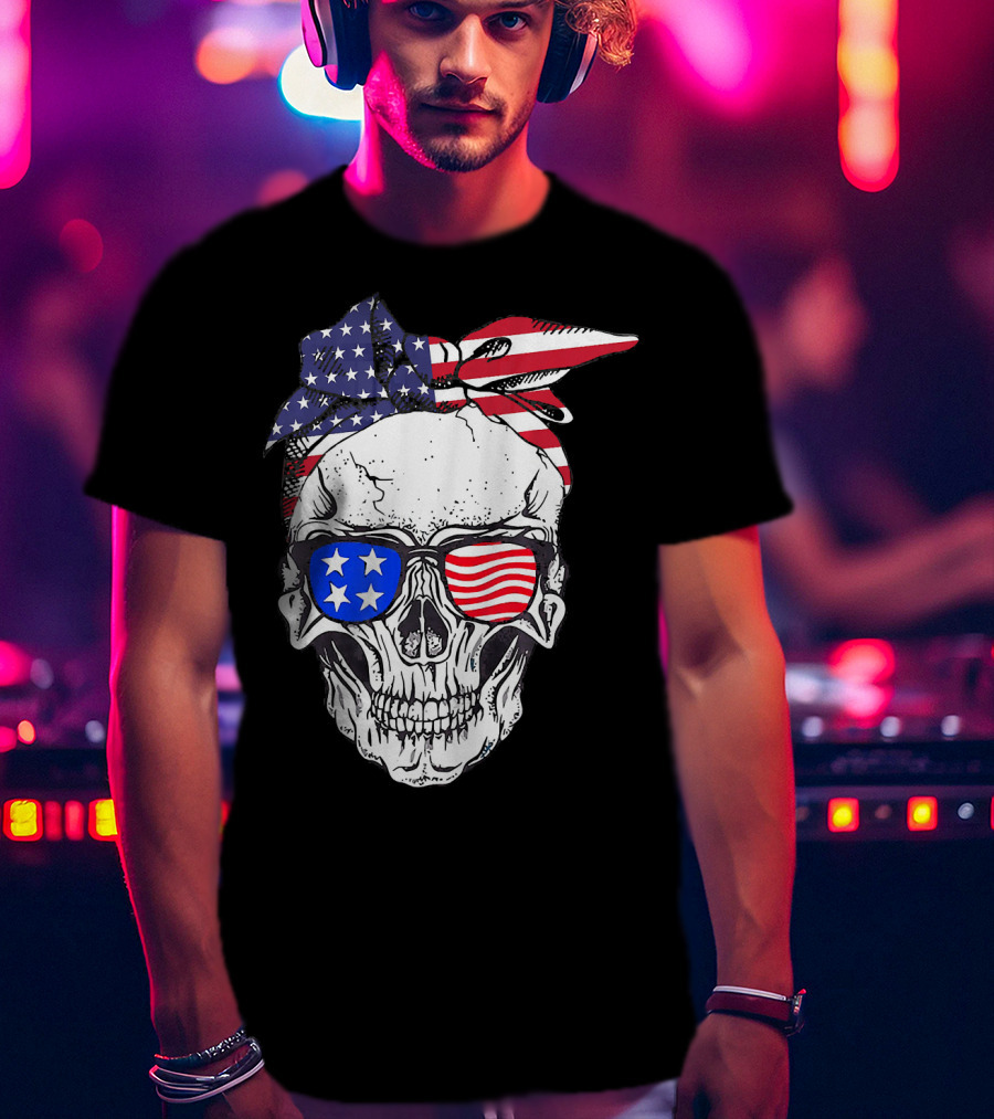 Patriotic Skull American Flag Bandana Sunglasses T-Shirt