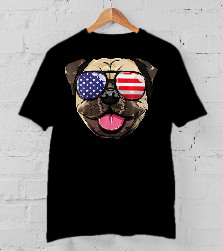 Pug Dog With American Flag Sunglasses Patriotic T-Shirt