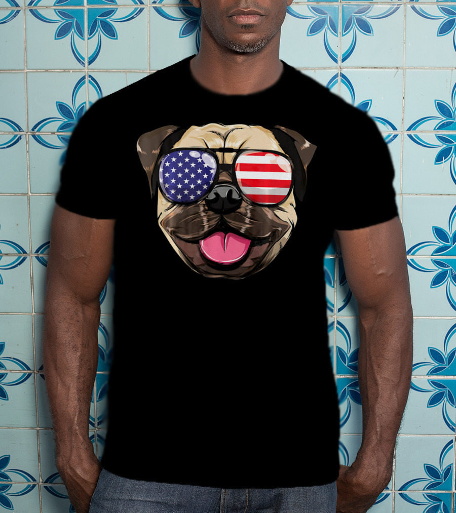 Pug Dog With American Flag Sunglasses Patriotic T-Shirt