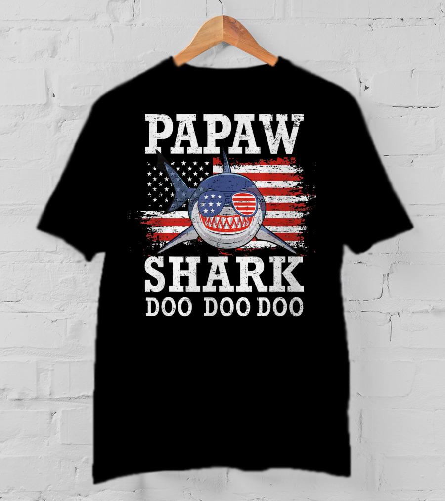 Papaw Shark Doo Doo Doo American Flag Sunglasses T-Shirt
