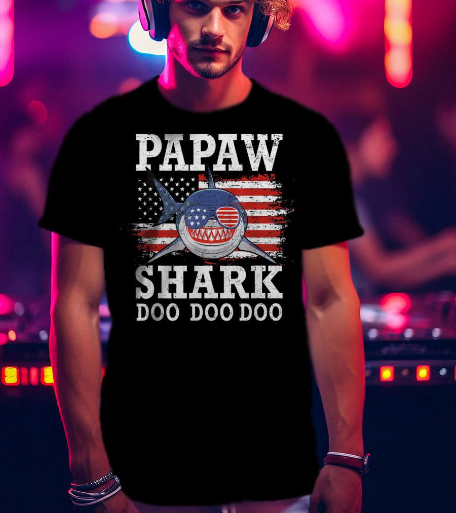 Papaw Shark Doo Doo Doo American Flag Sunglasses T-Shirt