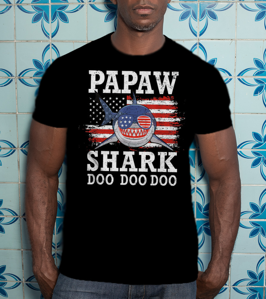 Papaw Shark Doo Doo Doo American Flag Sunglasses T-Shirt