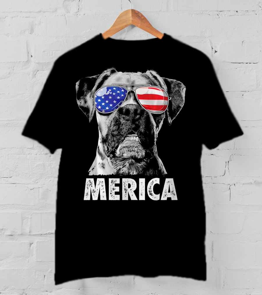 Merica Boxer Dog With American Flag Sunglasses T-Shirt