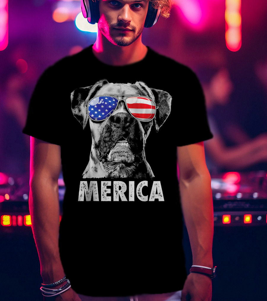 Merica Boxer Dog With American Flag Sunglasses T-Shirt