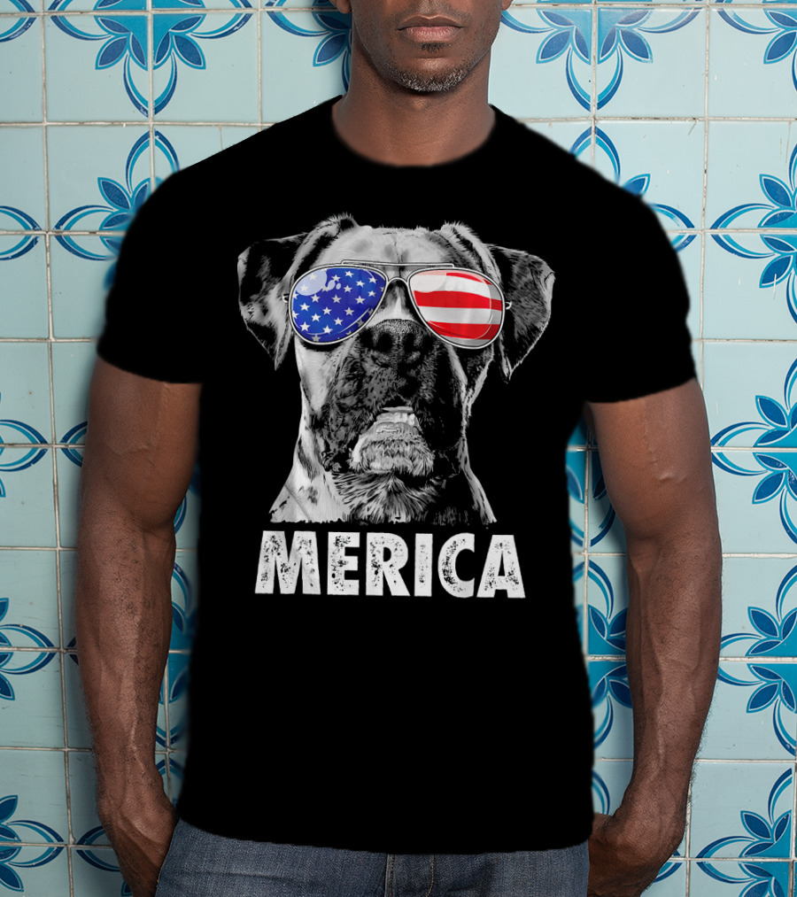 Merica Boxer Dog With American Flag Sunglasses T-Shirt
