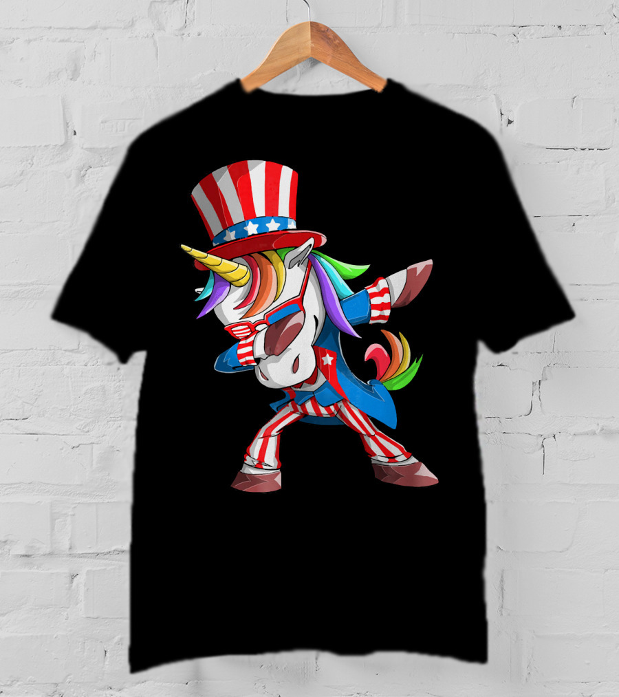 Unicorn Dabbing Uncle Sam Patriotic Rainbow T-Shirt