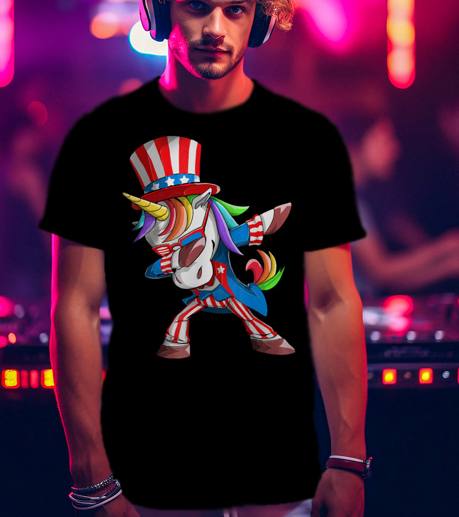 Unicorn Dabbing Uncle Sam Patriotic Rainbow T-Shirt