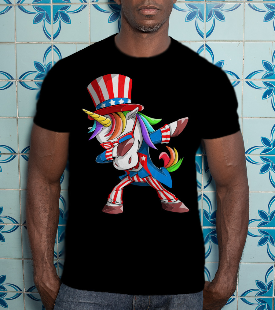 Unicorn Dabbing Uncle Sam Patriotic Rainbow T-Shirt