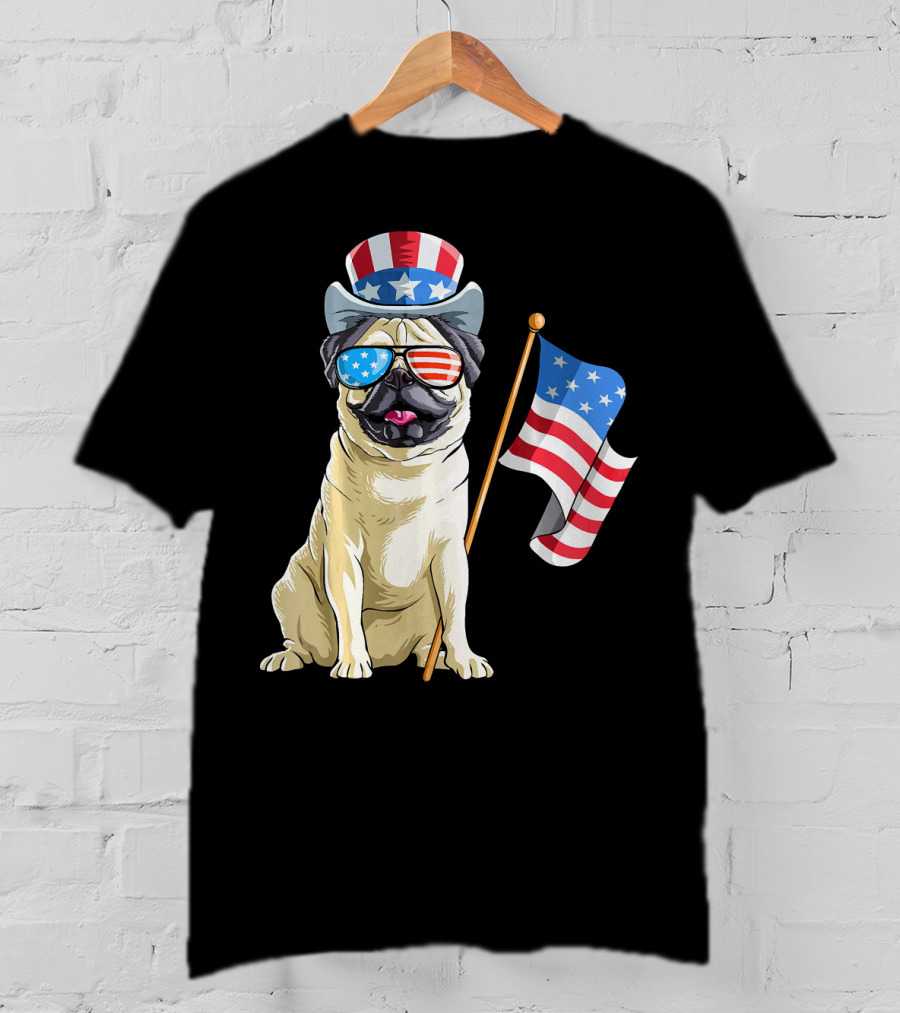 Pug In Patriotic Hat And Sunglasses Holding American Flag T-Shirt