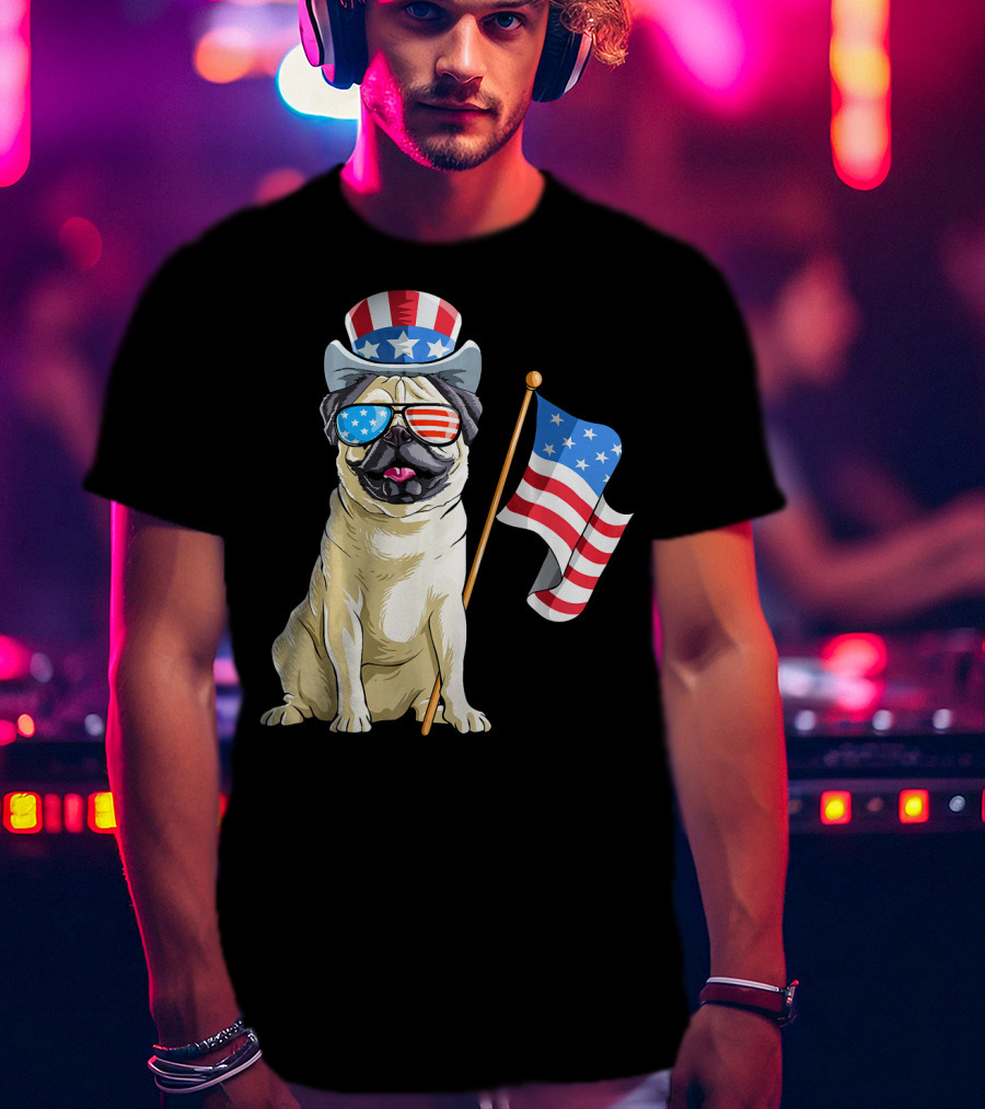 Pug In Patriotic Hat And Sunglasses Holding American Flag T-Shirt