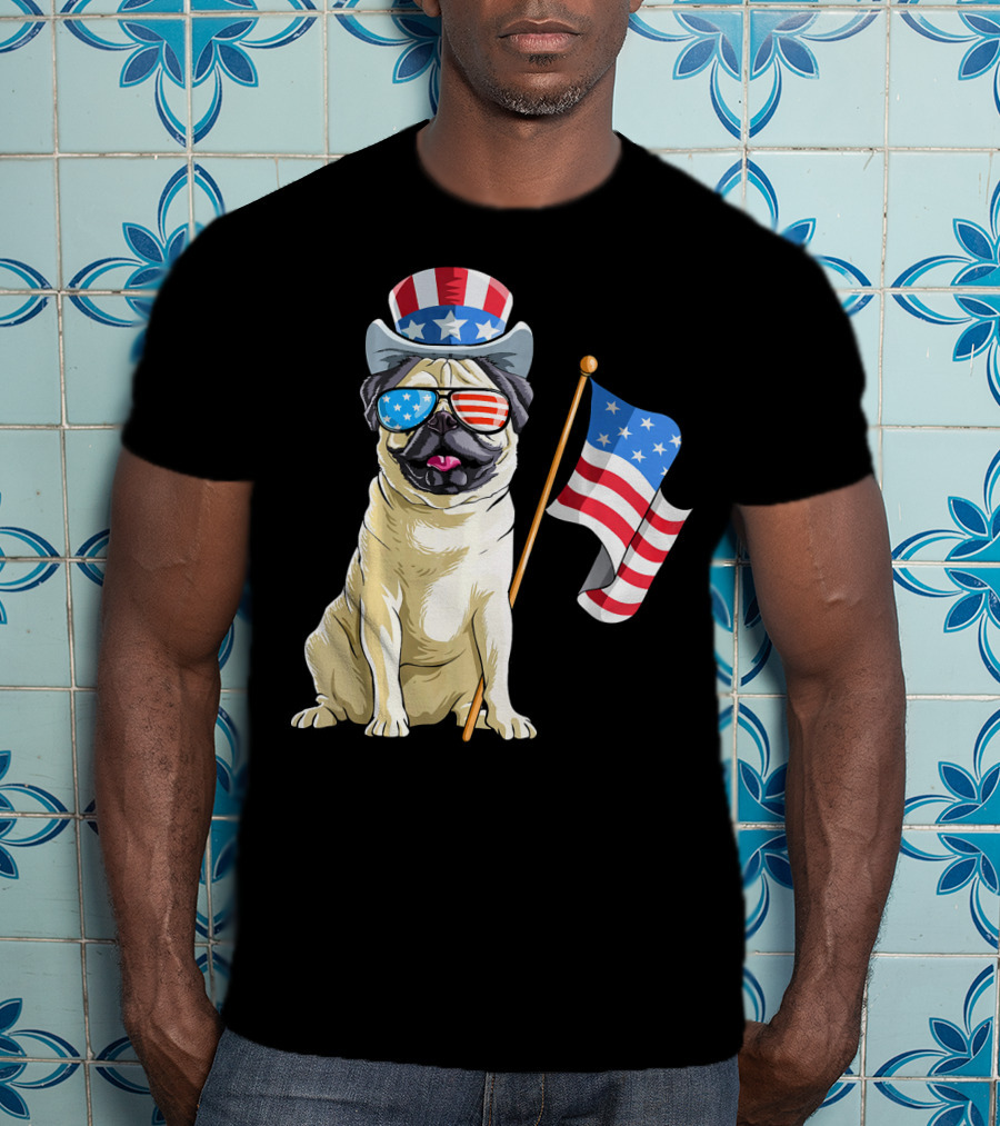 Pug In Patriotic Hat And Sunglasses Holding American Flag T-Shirt