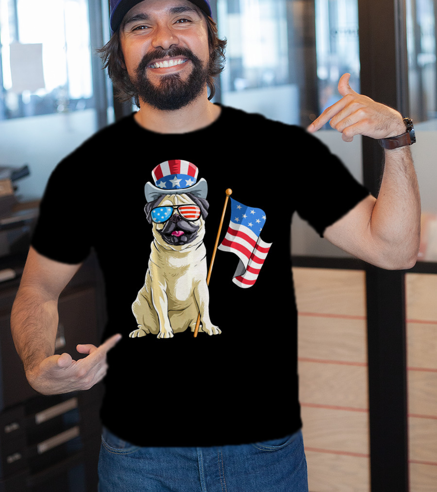 Pug In Patriotic Hat And Sunglasses Holding American Flag T-Shirt