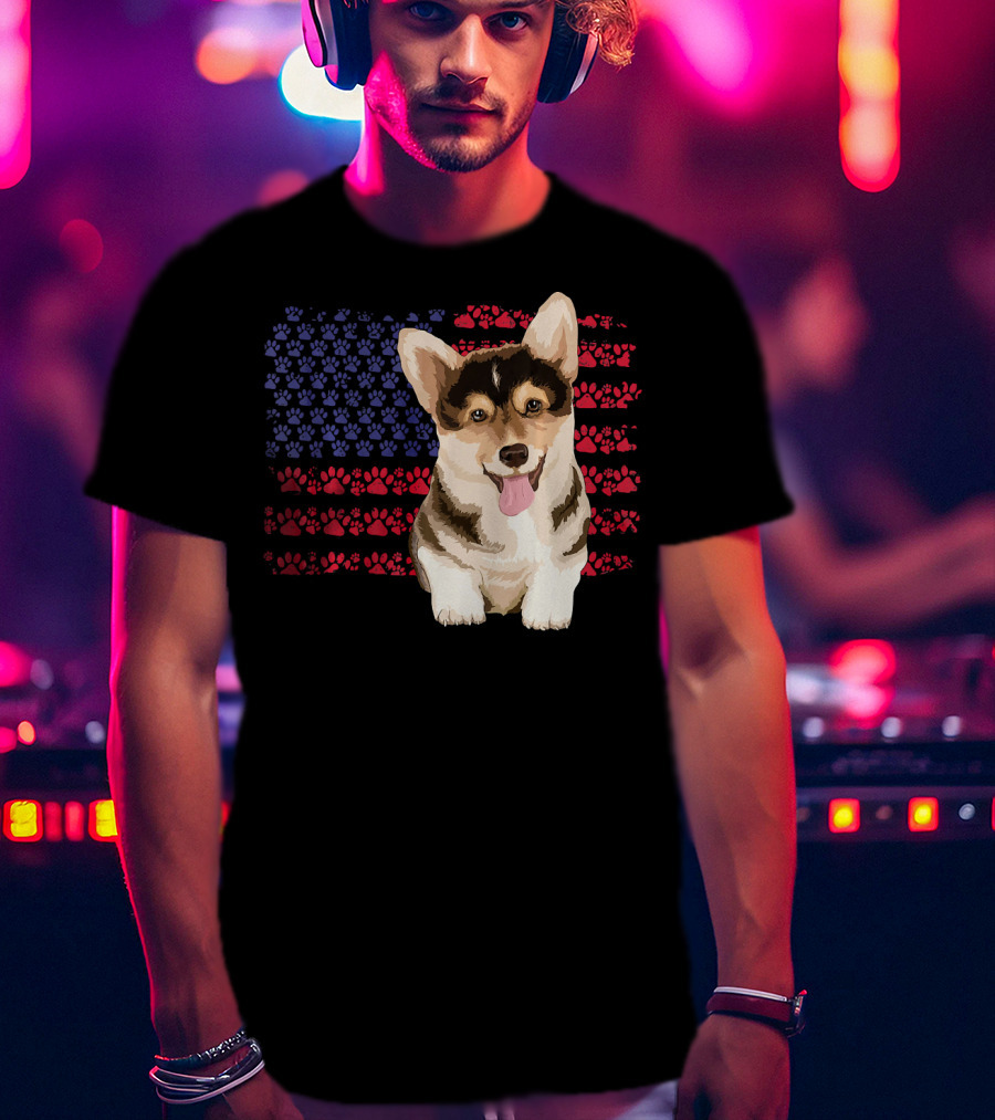 American Flag Corgi Dog With Paw Prints T-Shirt