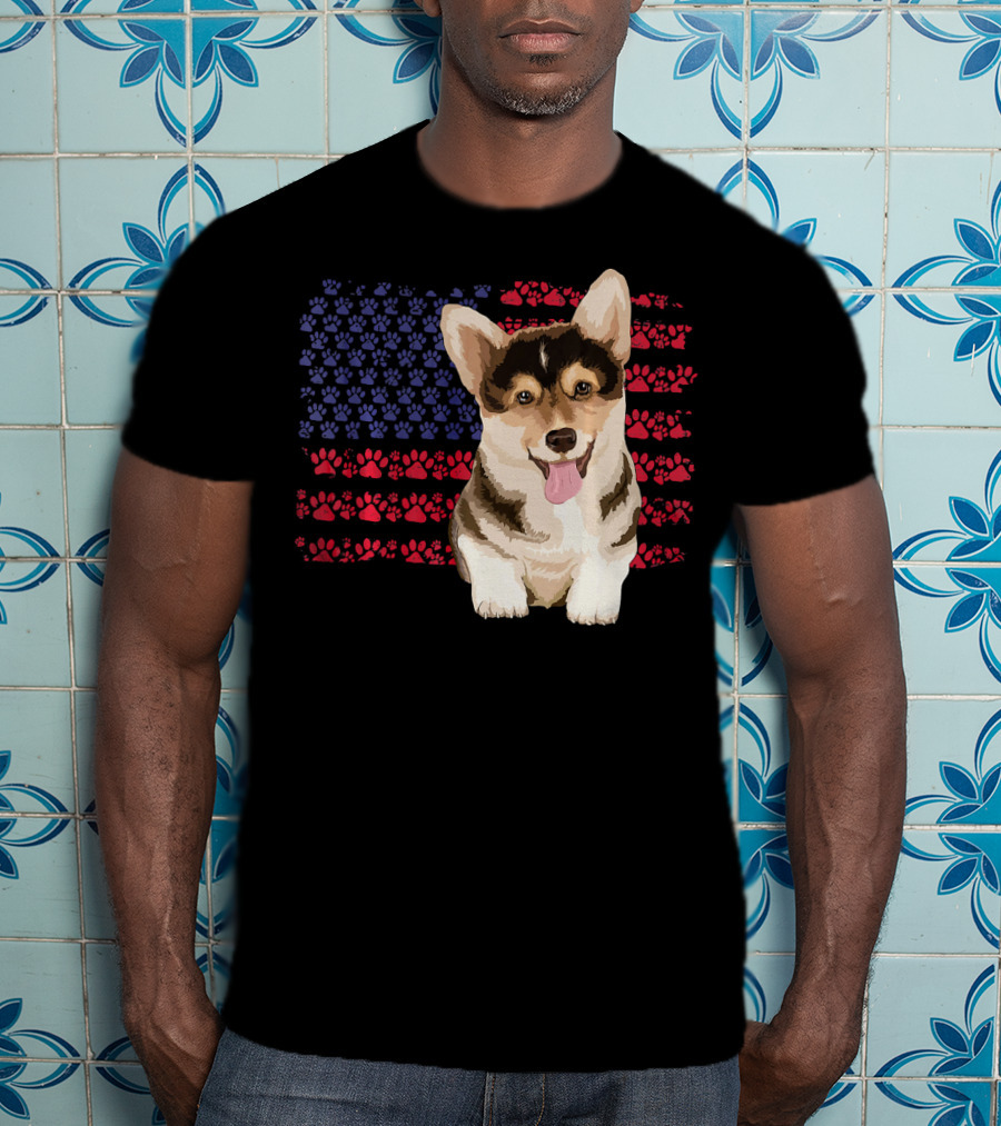 American Flag Corgi Dog With Paw Prints T-Shirt