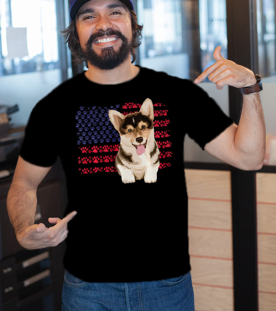 American Flag Corgi Dog With Paw Prints T-Shirt