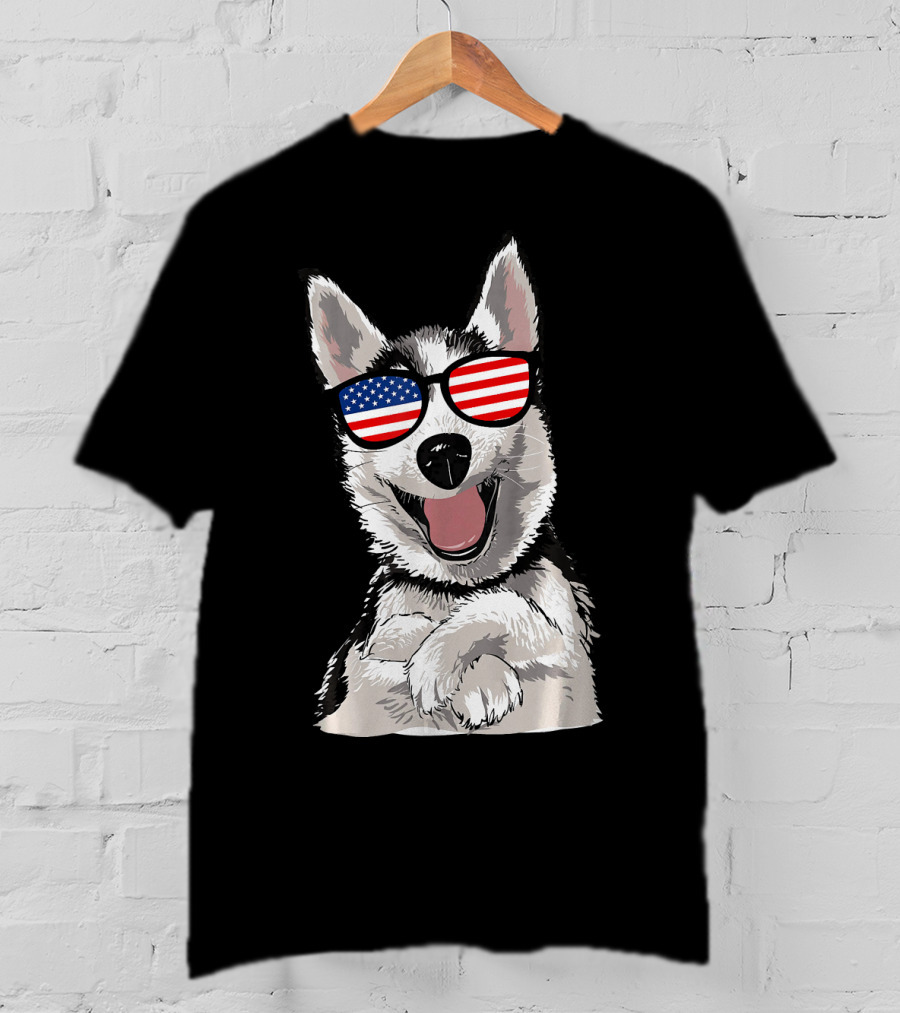 Patriotic Dog Husky With American Flag Sunglasses T-Shirt