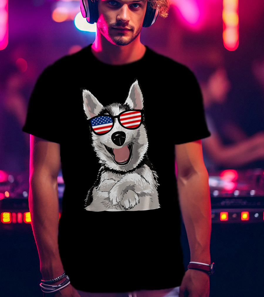 Patriotic Dog Husky With American Flag Sunglasses T-Shirt
