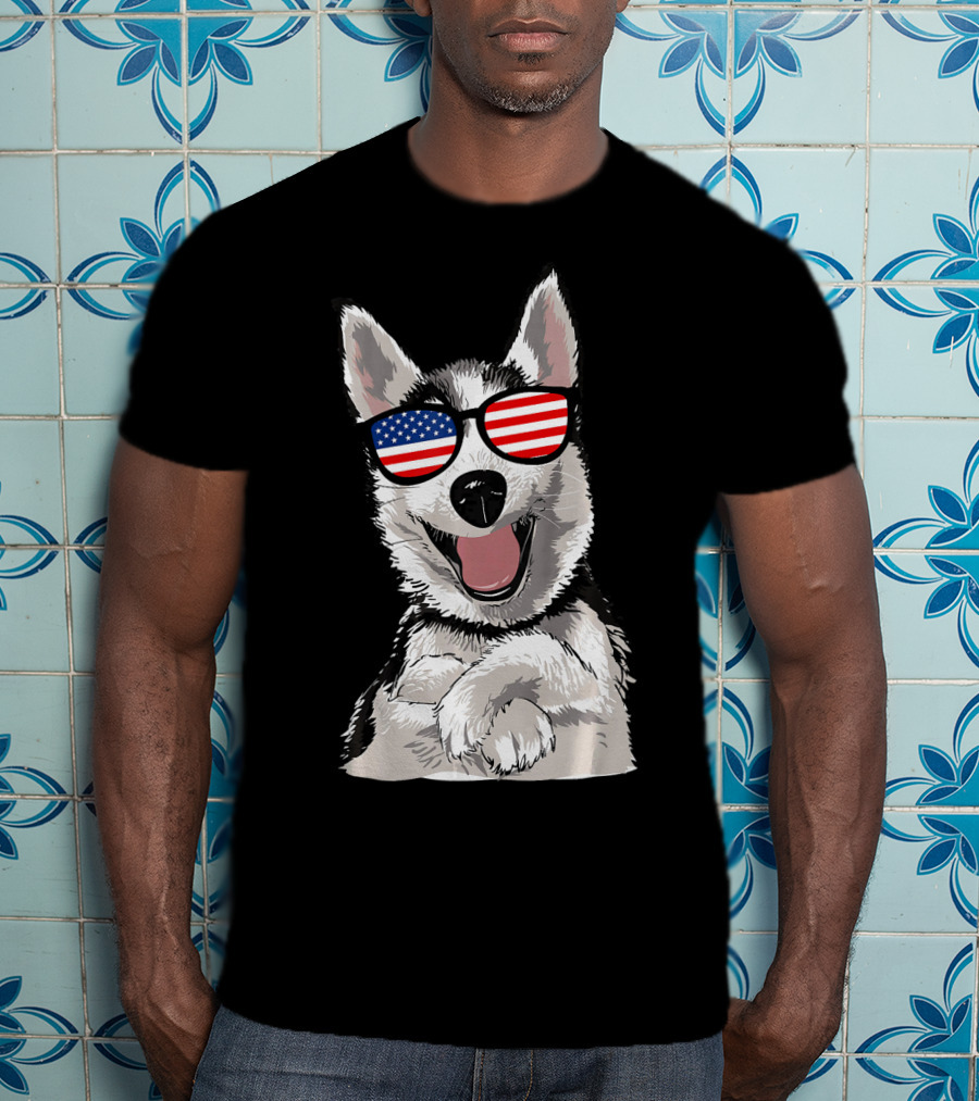 Patriotic Dog Husky With American Flag Sunglasses T-Shirt