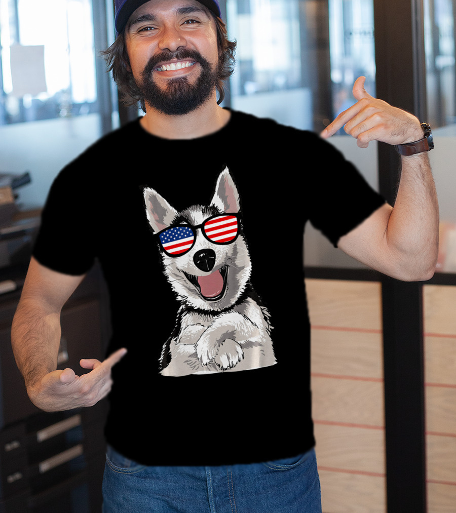 Patriotic Dog Husky With American Flag Sunglasses T-Shirt